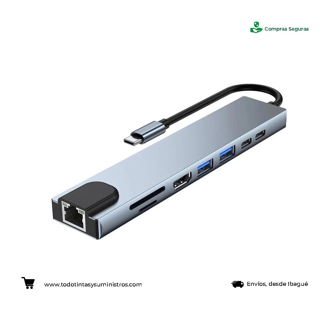 Convertidor 8 en 1 tipo C hdmi usb tipo C SD Rj45
